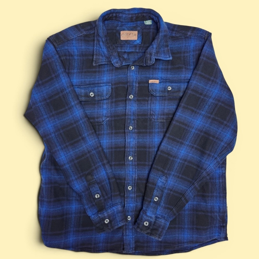 Orvis Heavyweight Flannel Shirt Mens XL Blue Black Plaid Button Up